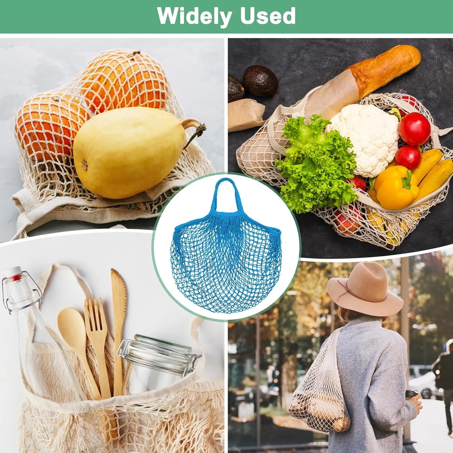 1-Pack Cotton Mesh Bag, Reusable Washable Mesh Net String Grocery Bags, Reusable Produce Bags with Handle, Net Tote Bag for Fruits/Vegetables Shopping [Blue, Short Handle]
