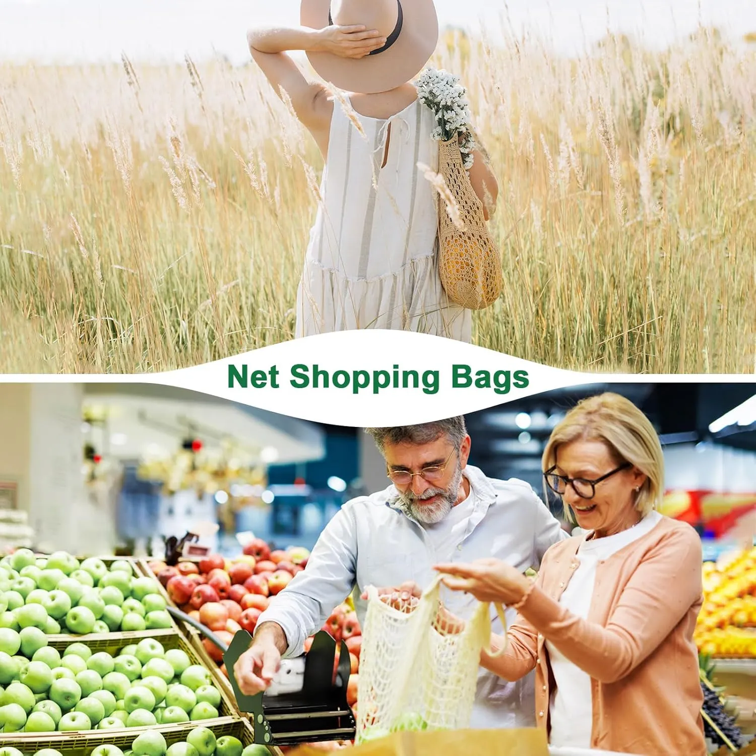 1-Pack Cotton Mesh Bag, Reusable Washable Mesh Net String Grocery Bags, Reusable Produce Bags with Handle, Net Tote Bag for Fruits/Vegetables Shopping [Blue, Short Handle]