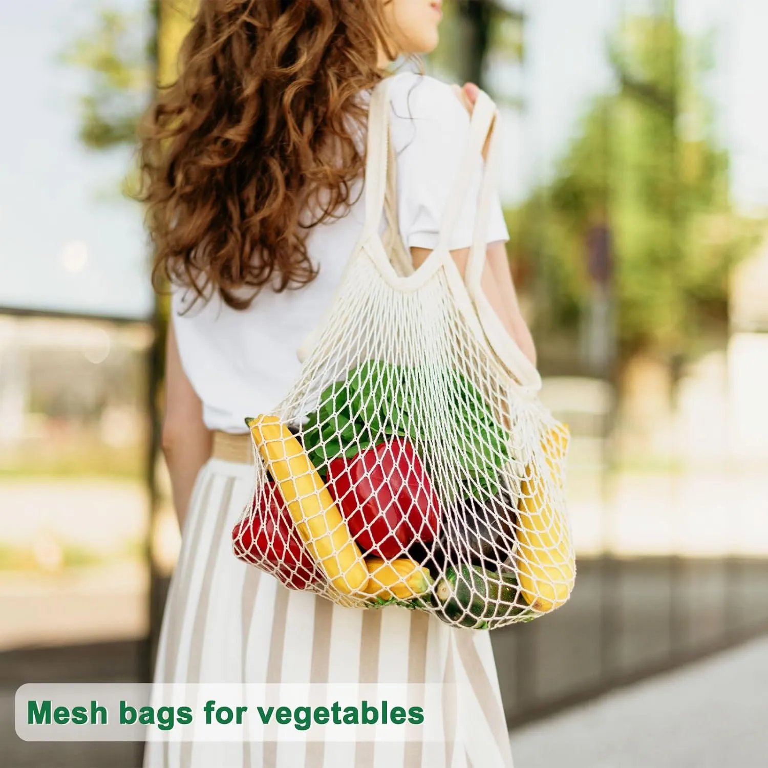 1-Pack Cotton Mesh Bag, Reusable Washable Mesh Net String Grocery Bags, Reusable Produce Bags with Handle, Net Tote Bag for Fruits/Vegetables Shopping [Blue, Short Handle]