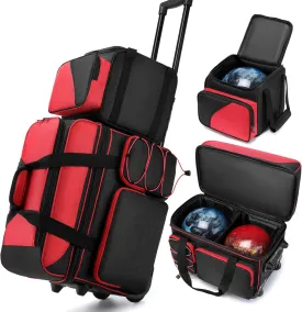 3 Ball Bowling Bags with Wheels, Bowlig Roller Bag for 3 Ball with Separate Shoe Compartment and Retractable Handle, 2 Ball Bowling Roller Bag   1 Ball Color Matching Add On Tote
