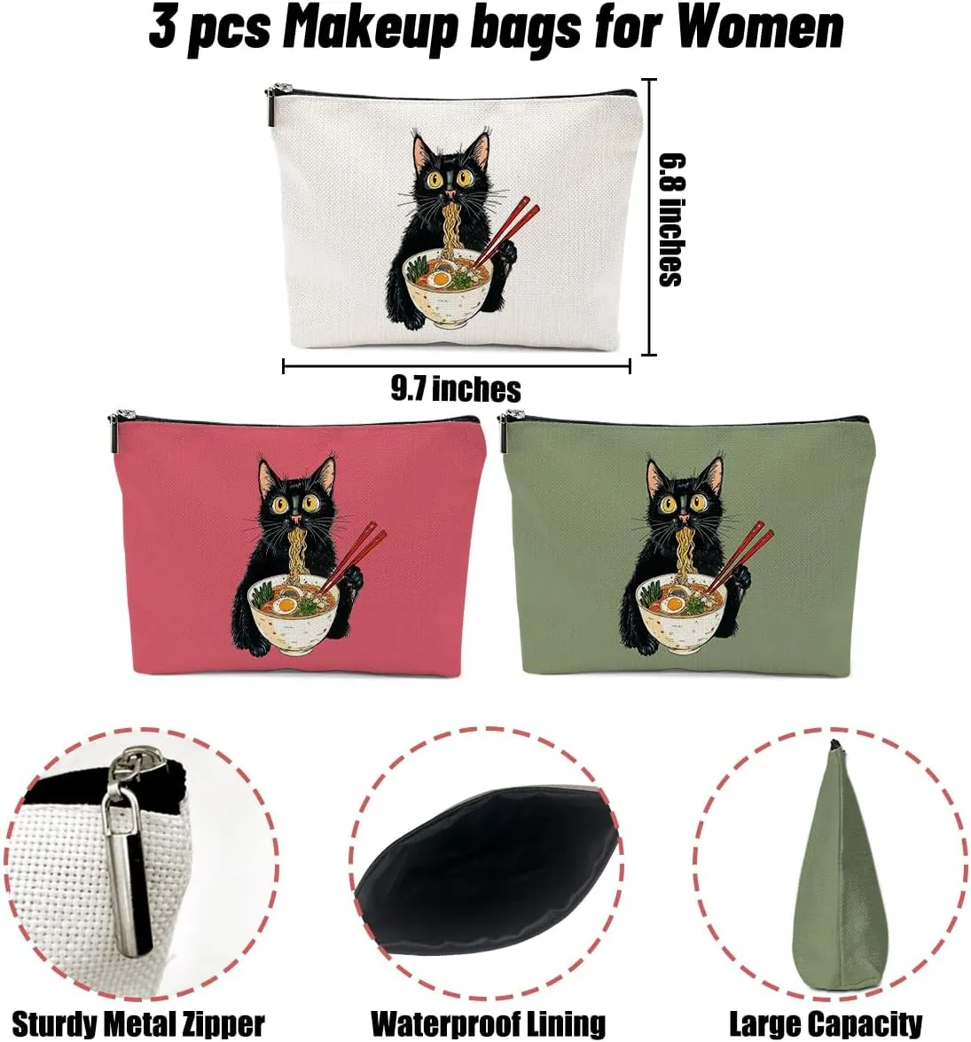 3 Pack Funny Noodles Ramen Cat Lover Gifts Cat Gifts for Women Girls Nurse Doctor Pet Lovers Veterinarian Makeup Bag,Travel Essentials Cosmetic Bags for Women, Travel Toiletry Bag Christmas Birthday