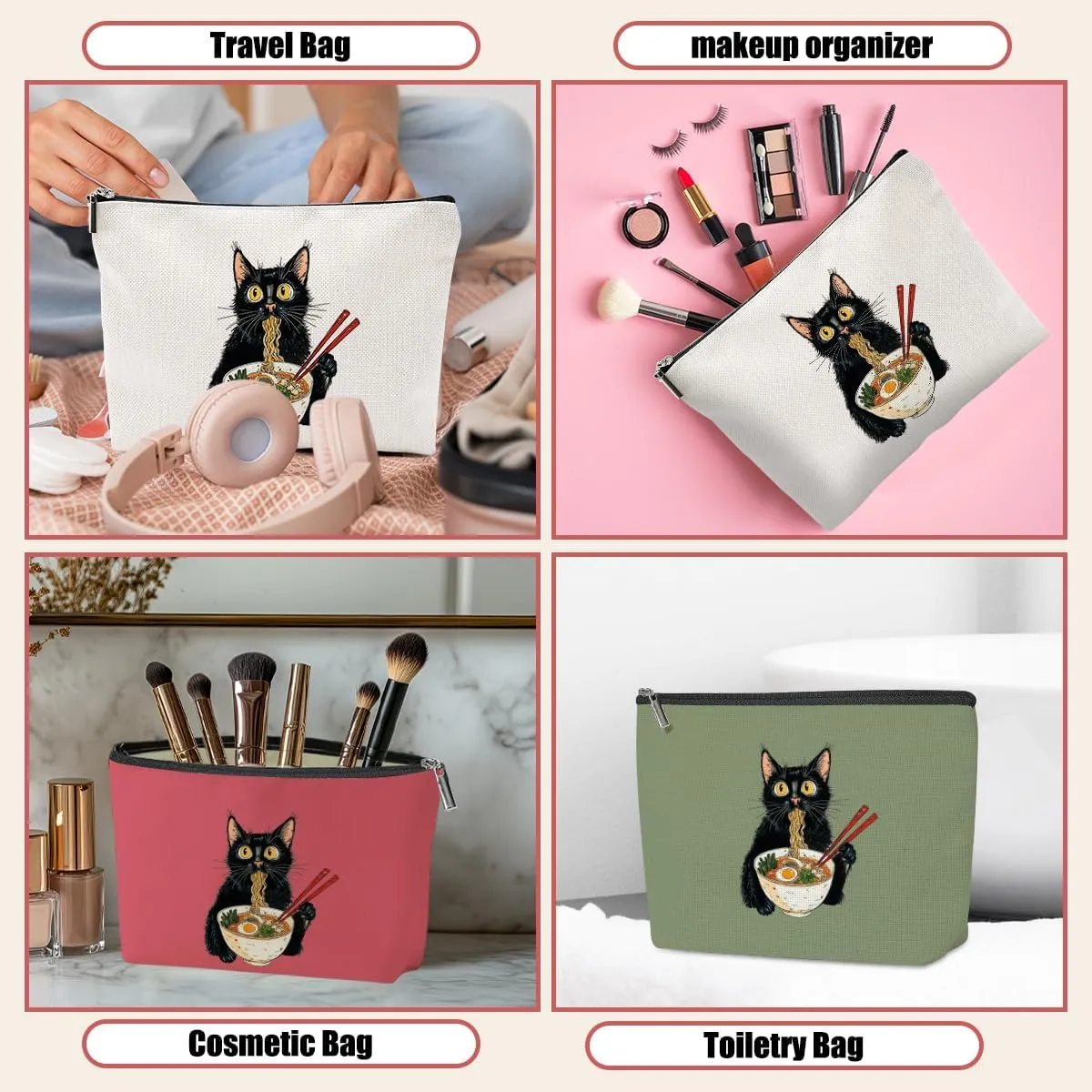 3 Pack Funny Noodles Ramen Cat Lover Gifts Cat Gifts for Women Girls Nurse Doctor Pet Lovers Veterinarian Makeup Bag,Travel Essentials Cosmetic Bags for Women, Travel Toiletry Bag Christmas Birthday