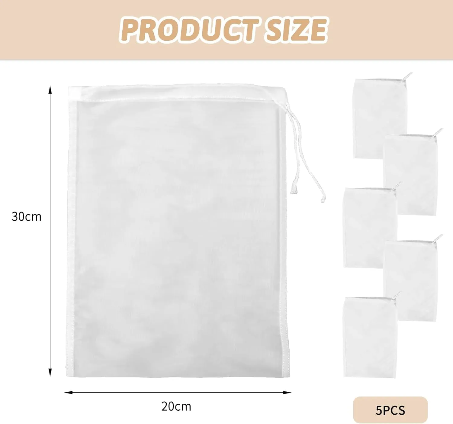 5 Pack Nylon Nut Milk Bag,128 Fine Mesh Cheese Cloths Multiple Usage Reusable Food Strainer Professional Cold Brew Bags for Straining, 100 Mesh Cheese Cloth Bag for Straining