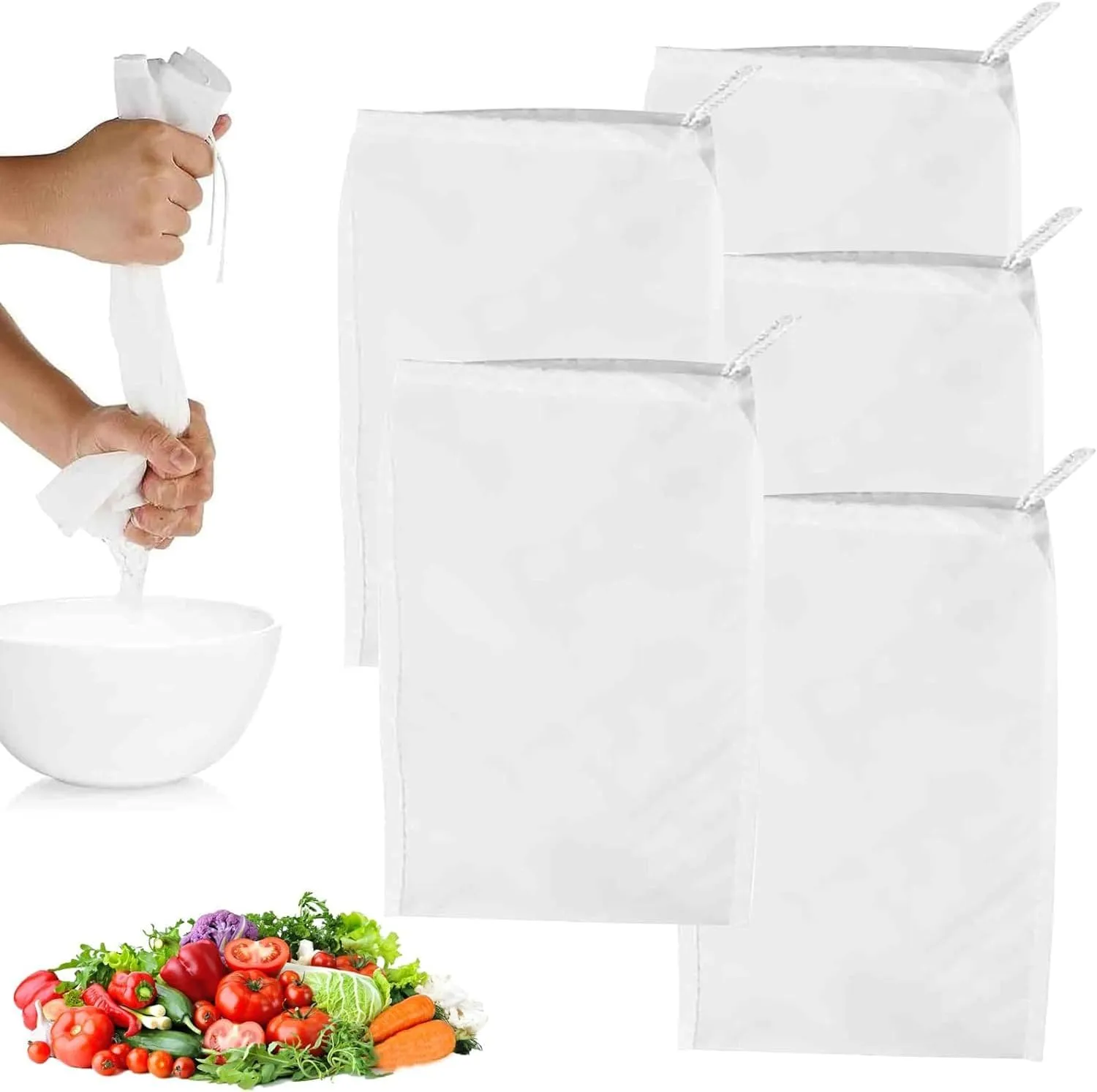 5 Pack Nylon Nut Milk Bag,128 Fine Mesh Cheese Cloths Multiple Usage Reusable Food Strainer Professional Cold Brew Bags for Straining, 100 Mesh Cheese Cloth Bag for Straining