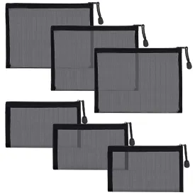 6 Pack Mesh Cosmetic Bags, Nylon Makeup Pouches with Zipper for Home Office Purse Diaper Bag (Black)