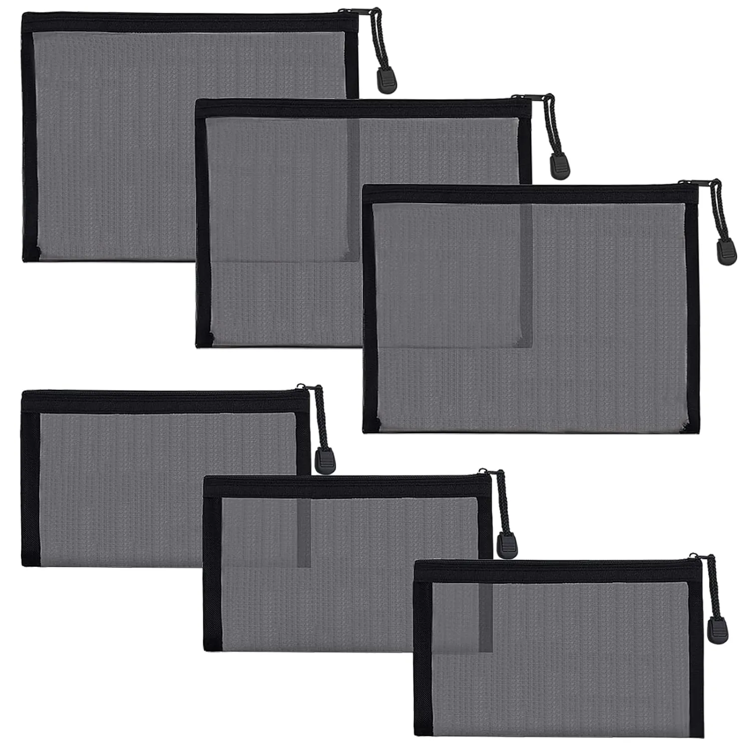 6 Pack Mesh Cosmetic Bags, Nylon Makeup Pouches with Zipper for Home Office Purse Diaper Bag (Black)