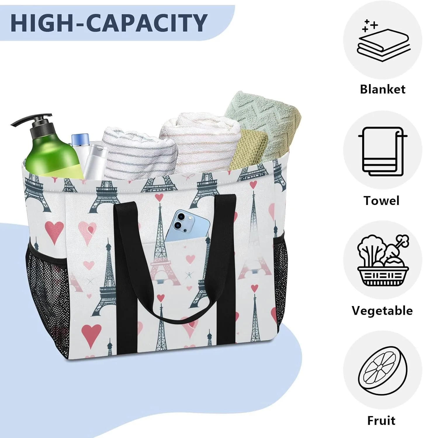 ALAZA Paris Eiffel Tower Red Lips Waterproof Beach Tote Bags