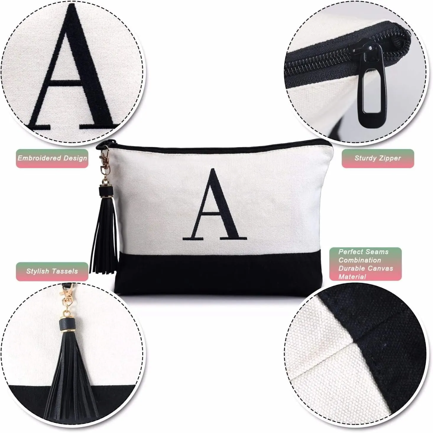 BeeGreen Initial Canvas Gifts Bag for Women Personalized Birthday Gifts w Zipper & Strap Embroidery Monogram Gifts Bags w Inner & Side Pouch for Women L
