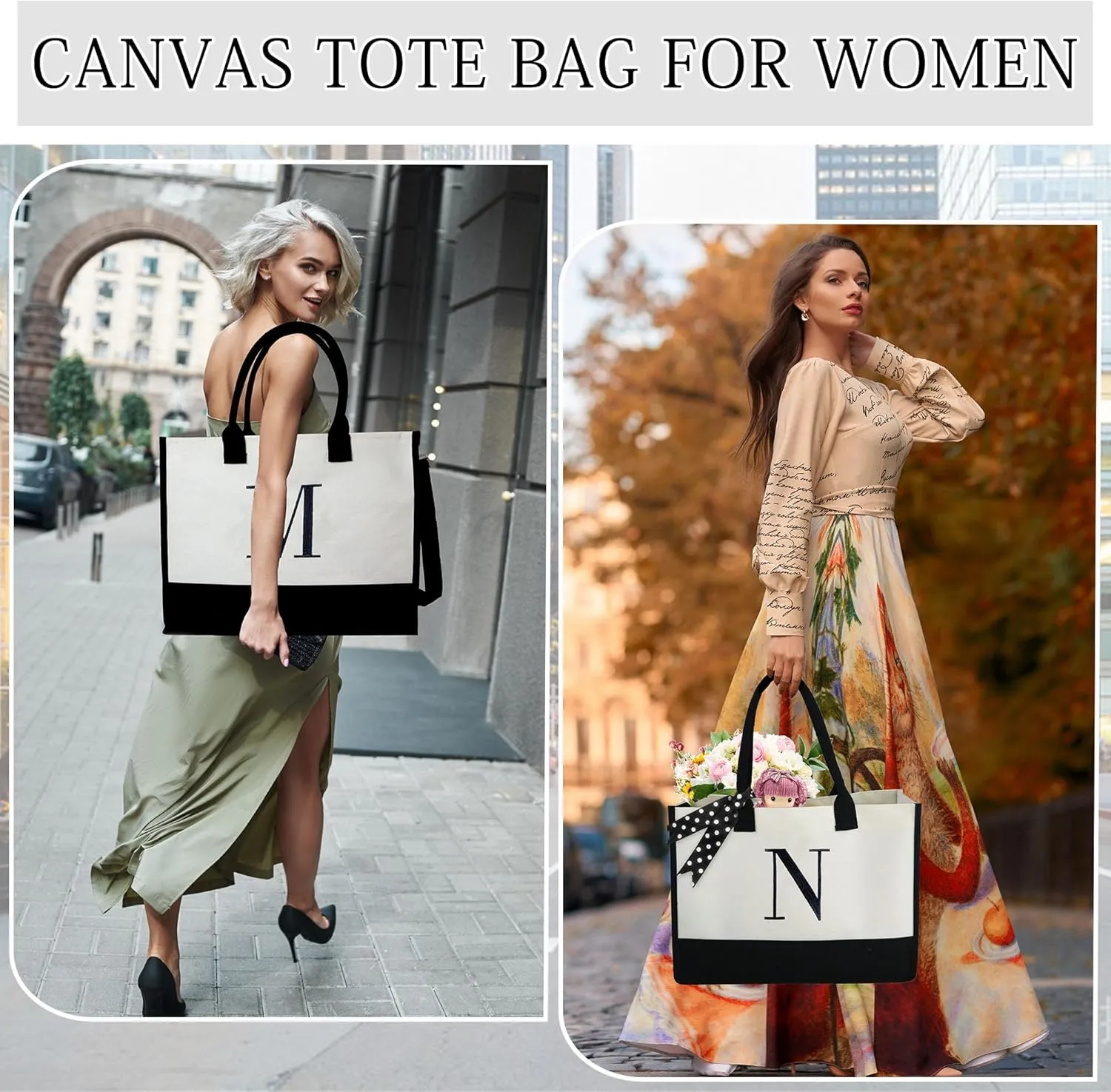 BeeGreen Initial Canvas Gifts Bag for Women Personalized Birthday Gifts w Zipper & Strap Embroidery Monogram Gifts Bags w Inner & Side Pouch for Women L