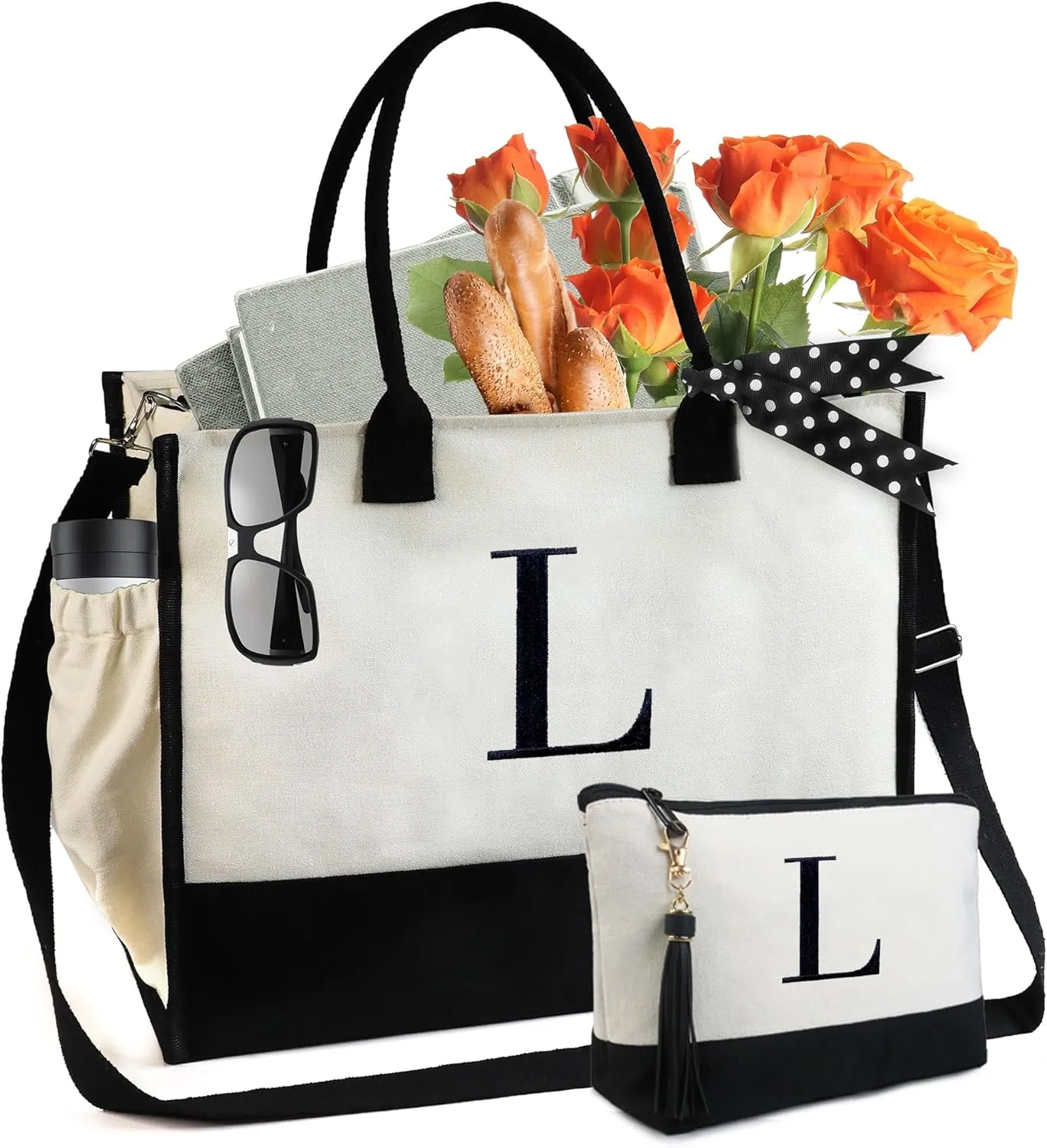 BeeGreen Initial Canvas Gifts Bag for Women Personalized Birthday Gifts w Zipper & Strap Embroidery Monogram Gifts Bags w Inner & Side Pouch for Women L