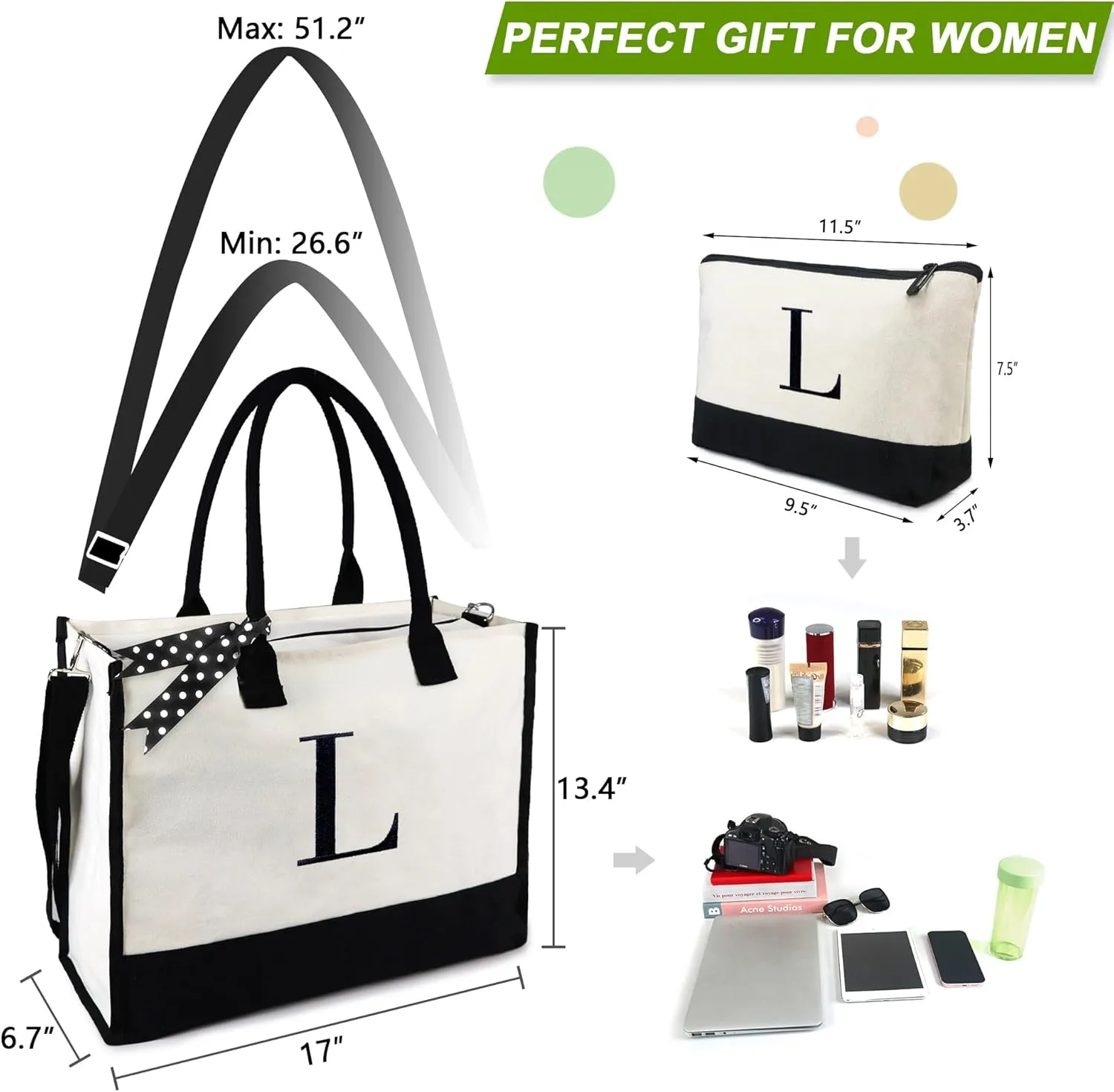 BeeGreen Initial Canvas Gifts Bag for Women Personalized Birthday Gifts w Zipper & Strap Embroidery Monogram Gifts Bags w Inner & Side Pouch for Women L
