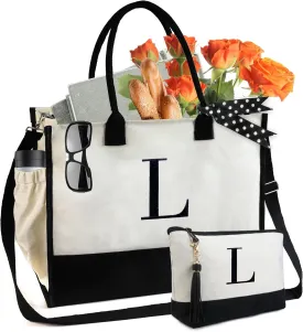 BeeGreen Initial Canvas Gifts Bag for Women Personalized Birthday Gifts w Zipper & Strap Embroidery Monogram Gifts Bags w Inner & Side Pouch for Women L