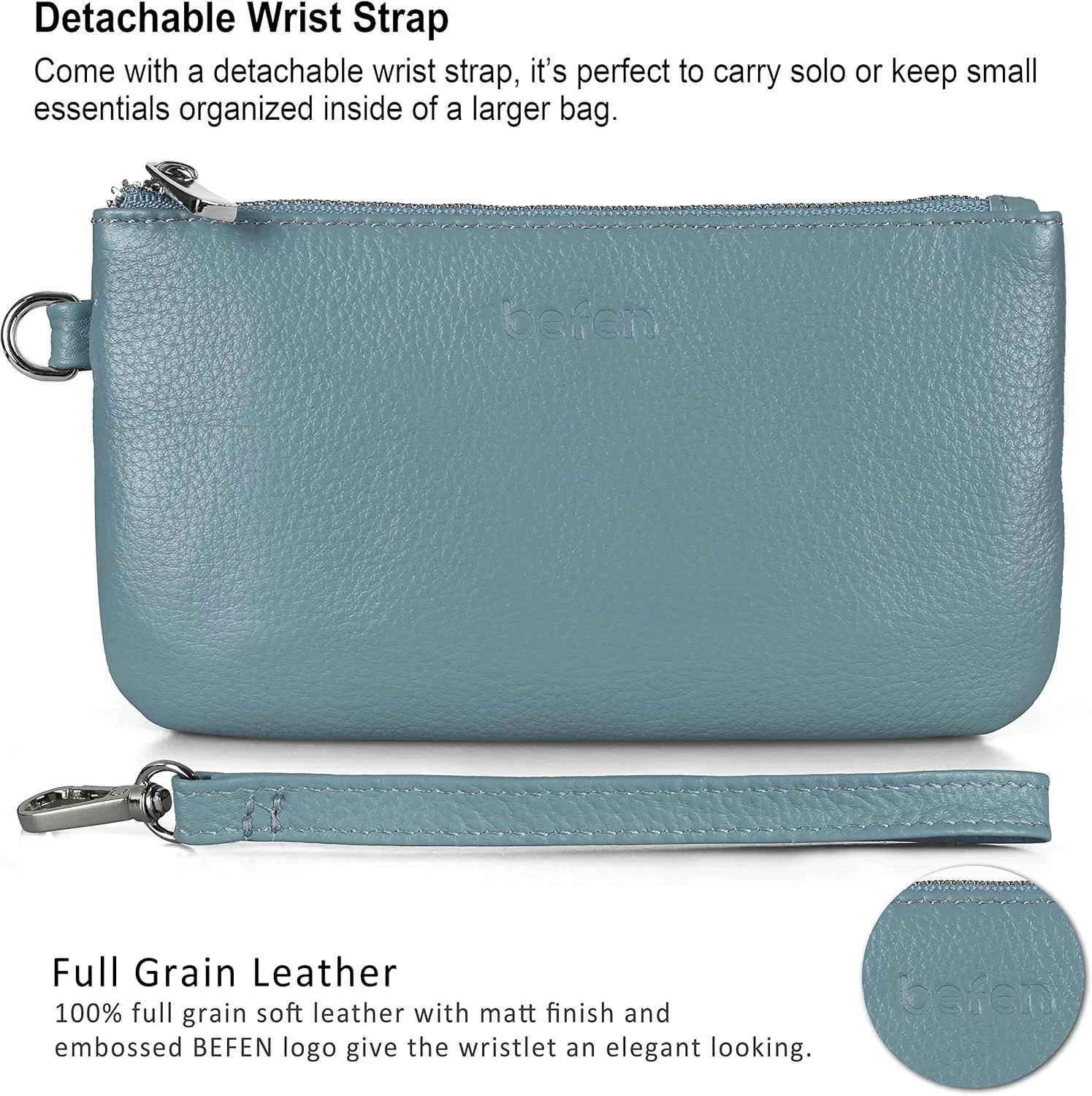 befen Genuine Leather Wristlet Coin Purse, Small Italian Leather Zipper Wallet Pouch for Women 6.75 x 3.75