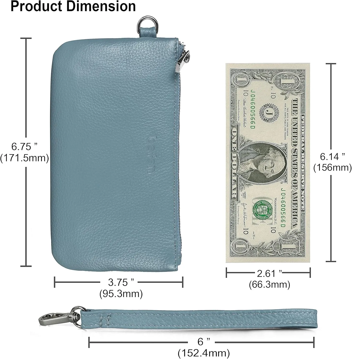 befen Genuine Leather Wristlet Coin Purse, Small Italian Leather Zipper Wallet Pouch for Women 6.75 x 3.75