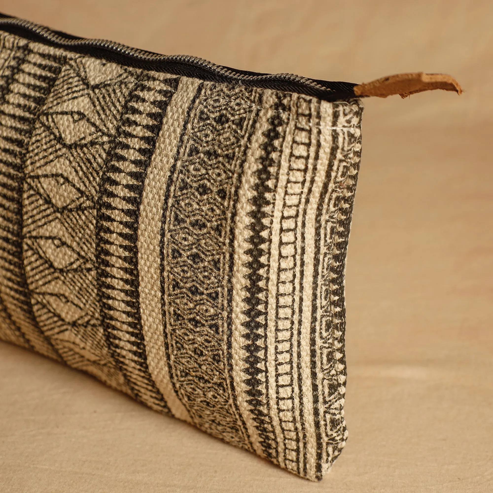 Beige - Jaipur Block Printed Handloom Cotton Multipurpose Toiletry Pouch (7 x 12 in)
