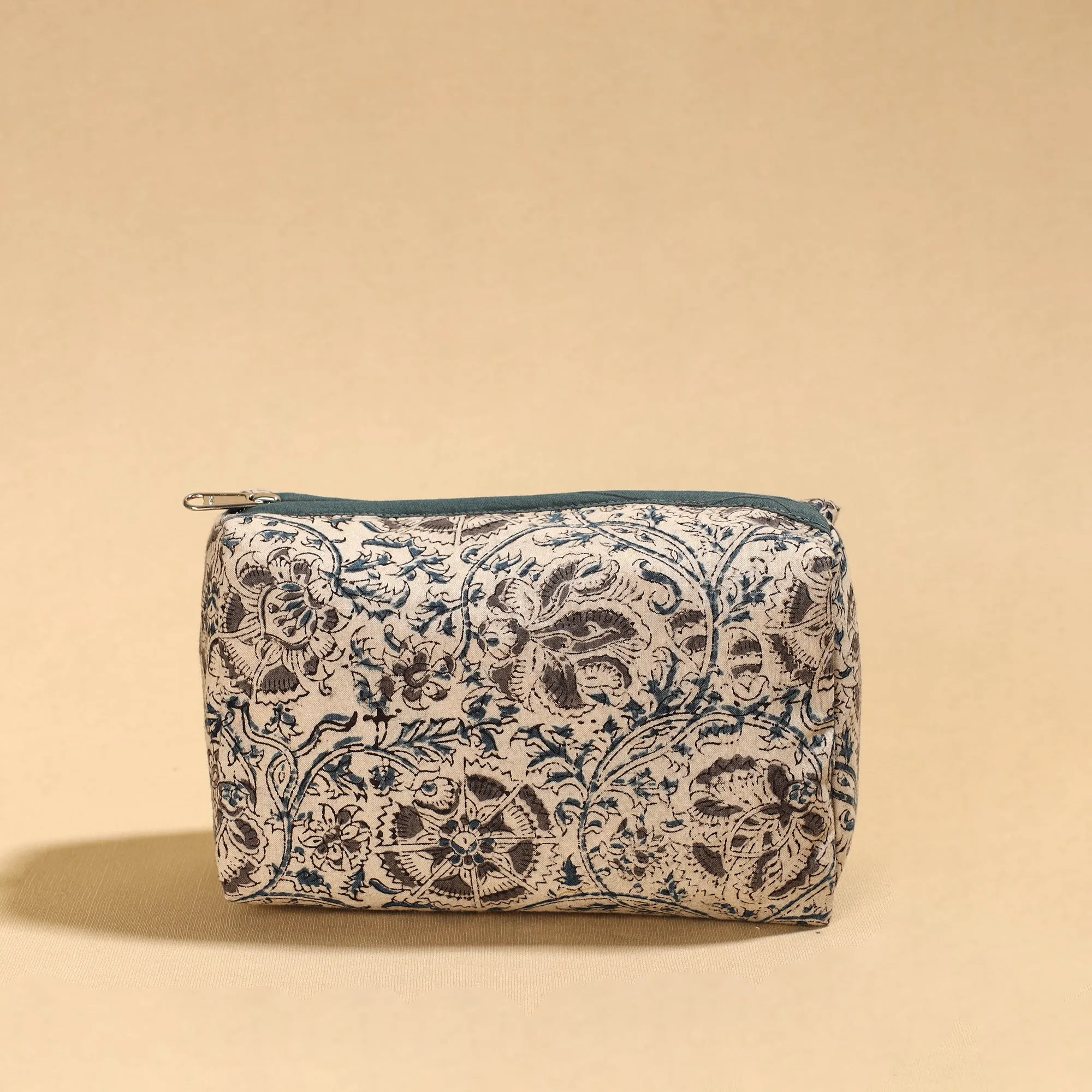 Beige - Kalamkari Block Printed Cotton Toiletry Pouch 03
