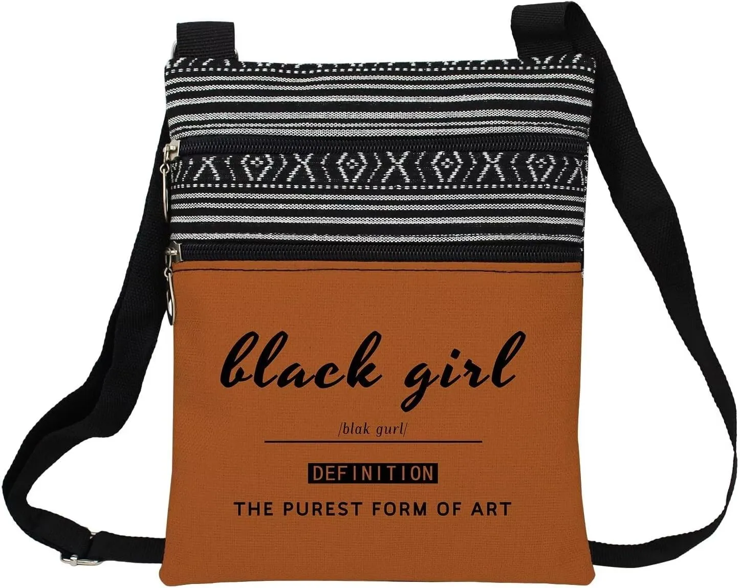 Black Lady Messenger Bag Small Ethnic Pattern Printed Adjustable Strap Crossbody Zipper Bag Inspirational Slogan Phone Bag Wallet Cute Shoulder Handbag for Black Ladies Women