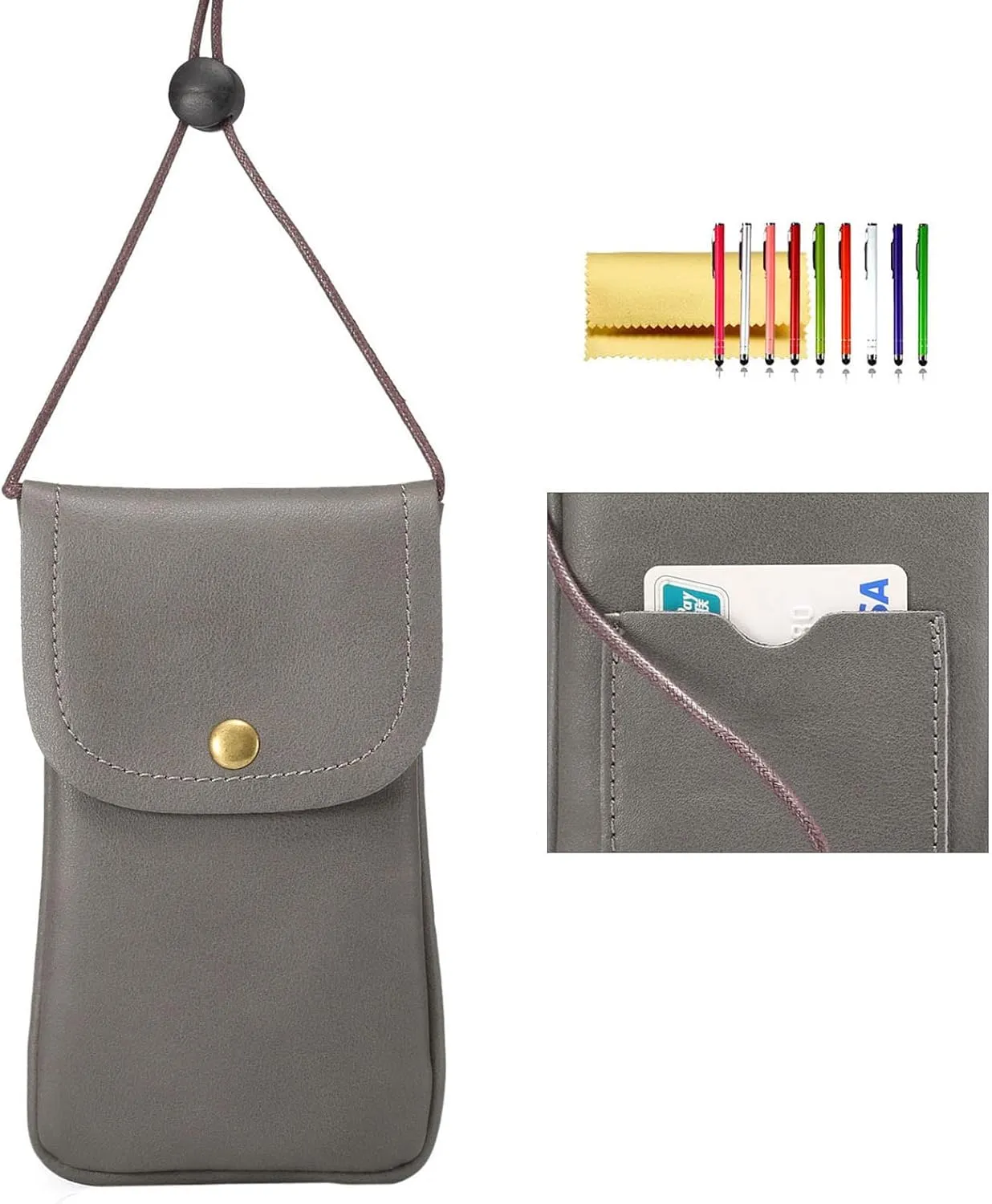 Cell Phone Neck Pouch, PU Leather Carrying Bag with Credit Card Holder Adjustable Strap, Small Travel Purse for iPhone 11 XR XS Max SE 8 7 6 Plus, Galaxy S10 S7 Edge A10 J7, Moto G6 (Gray)