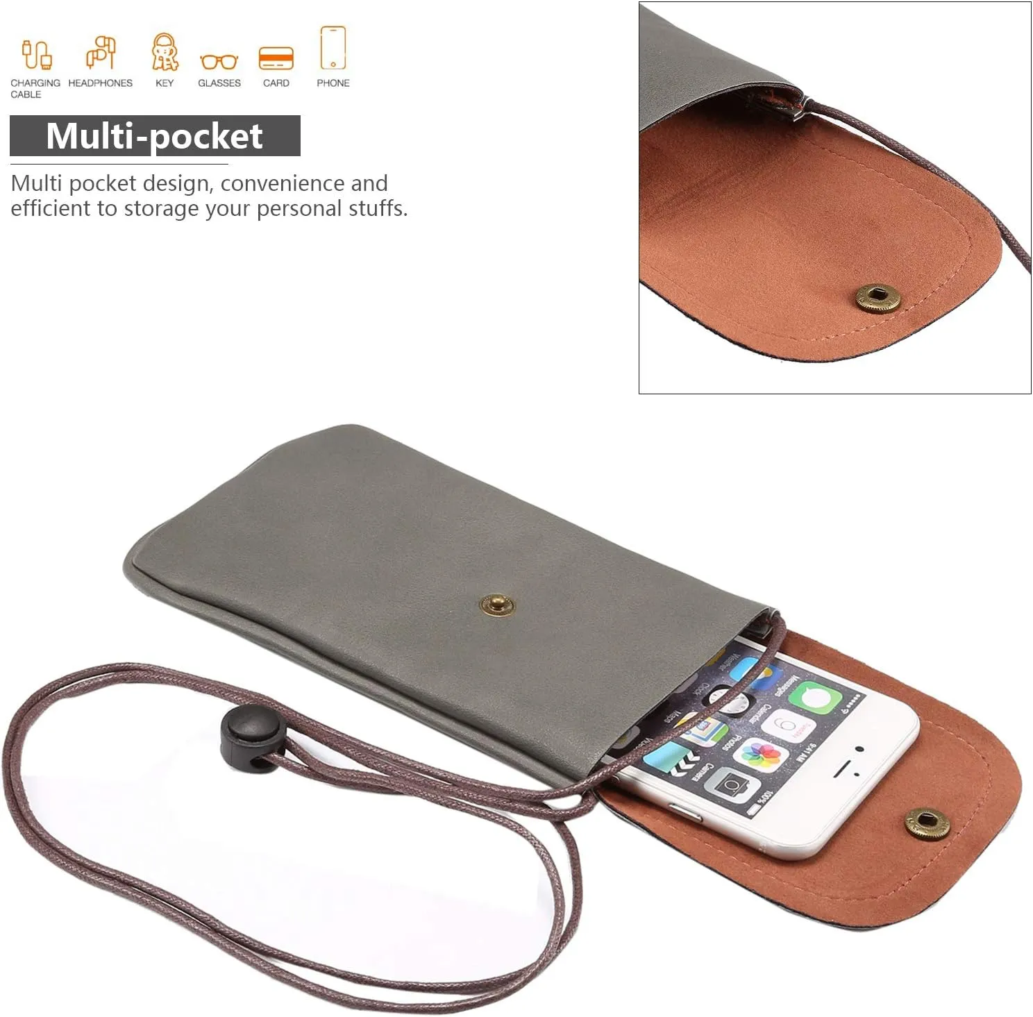 Cell Phone Neck Pouch, PU Leather Carrying Bag with Credit Card Holder Adjustable Strap, Small Travel Purse for iPhone 11 XR XS Max SE 8 7 6 Plus, Galaxy S10 S7 Edge A10 J7, Moto G6 (Gray)