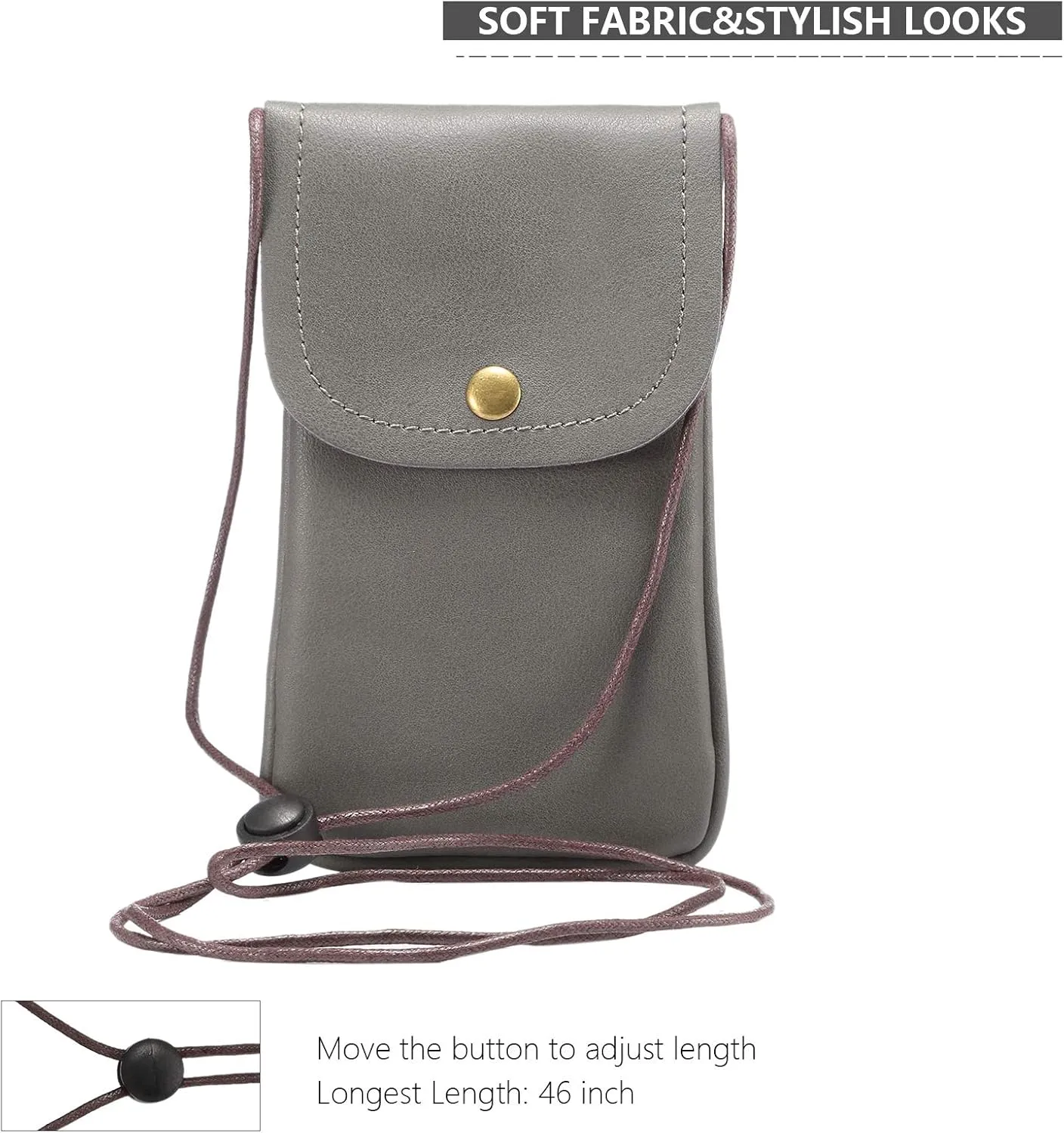 Cell Phone Neck Pouch, PU Leather Carrying Bag with Credit Card Holder Adjustable Strap, Small Travel Purse for iPhone 11 XR XS Max SE 8 7 6 Plus, Galaxy S10 S7 Edge A10 J7, Moto G6 (Gray)