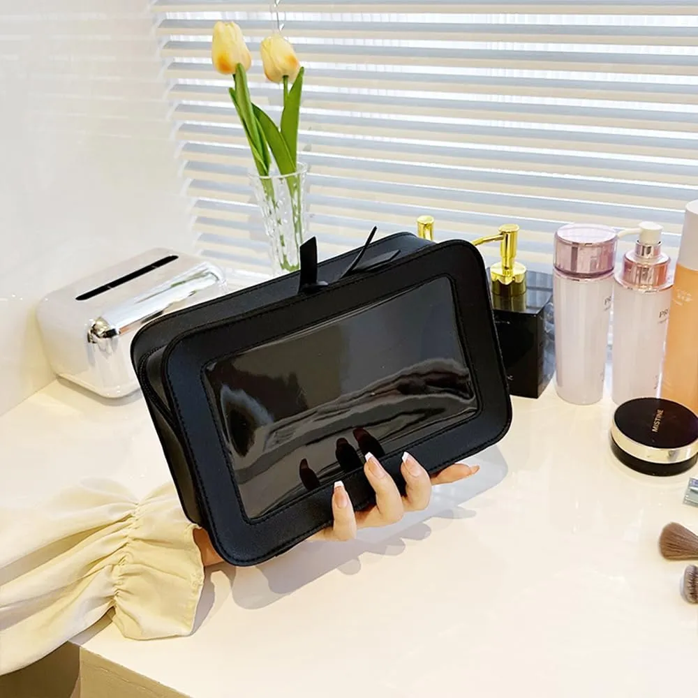 Clear Makeup Bag Organizer, TSA Approved Portable Travel Toiletry Bag Multipurpose Cosmetic Bag Case for Women Vegan Leather Make Up Pouch Transparent Vinyl Windows