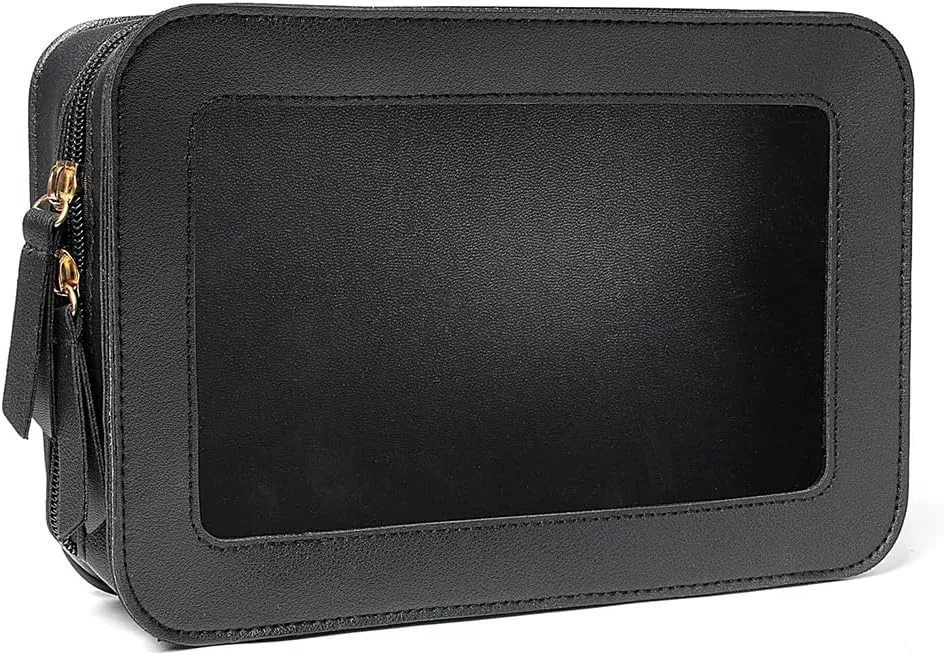 Clear Makeup Bag Organizer, TSA Approved Portable Travel Toiletry Bag Multipurpose Cosmetic Bag Case for Women Vegan Leather Make Up Pouch Transparent Vinyl Windows