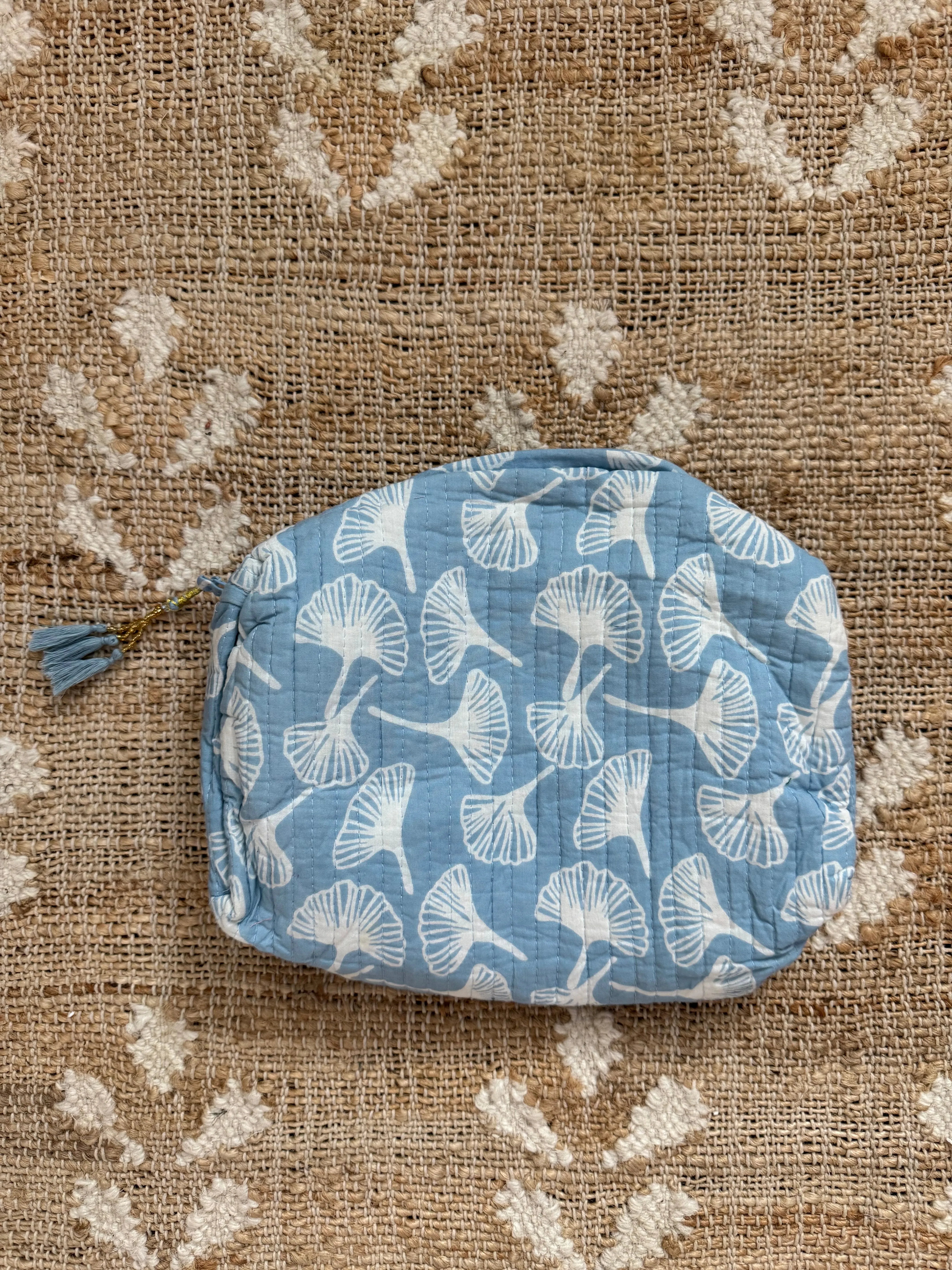 Cotton Block Print Cosmetics Bags - Light Blue Gingko (Set of 3)