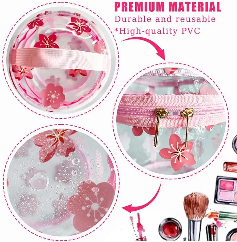 flower pattern PVC transparent cylinder travel cosmetic bag, portable waterproof pouch with handle, suitable for women and girls. (A23031-5265-6)