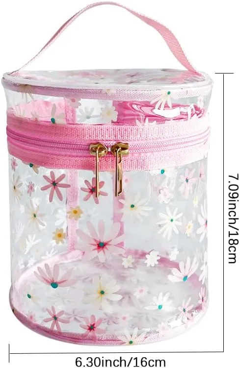 flower pattern PVC transparent cylinder travel cosmetic bag, portable waterproof pouch with handle, suitable for women and girls. (A23031-5265-6)