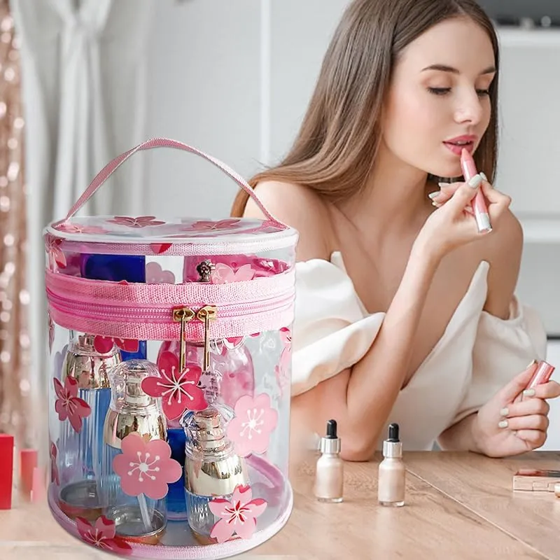 flower pattern PVC transparent cylinder travel cosmetic bag, portable waterproof pouch with handle, suitable for women and girls. (A23031-5265-6)