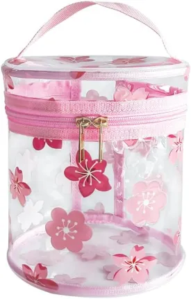 flower pattern PVC transparent cylinder travel cosmetic bag, portable waterproof pouch with handle, suitable for women and girls. (A23031-5265-6)