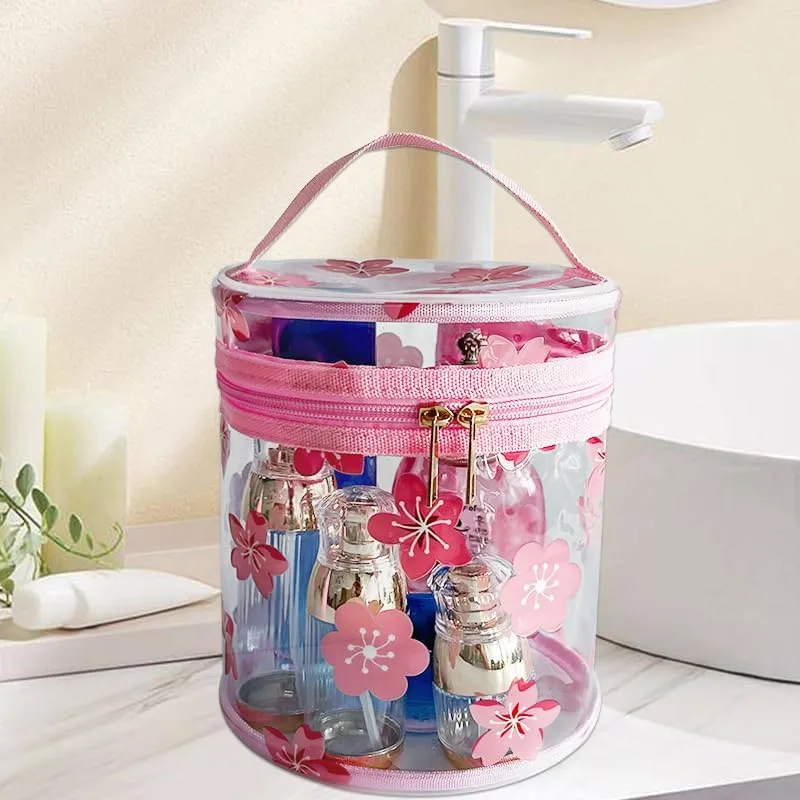 flower pattern PVC transparent cylinder travel cosmetic bag, portable waterproof pouch with handle, suitable for women and girls. (A23031-5265-6)