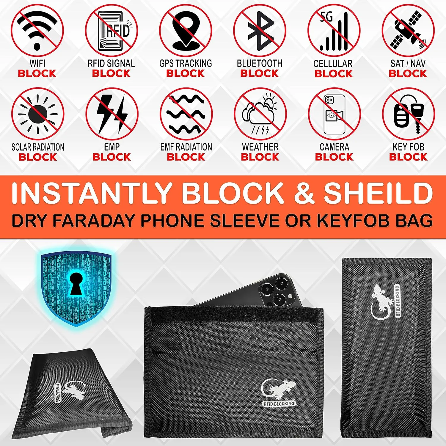 Gecko Travel Tech RFID Faraday Bag - GPS, RFID, and EMP Signal Blocker | Nylon Shielding Pouch for Cell Phone Privacy, Car Key FOB Protection, and Electronic Device Security (BLACK - NYLON)