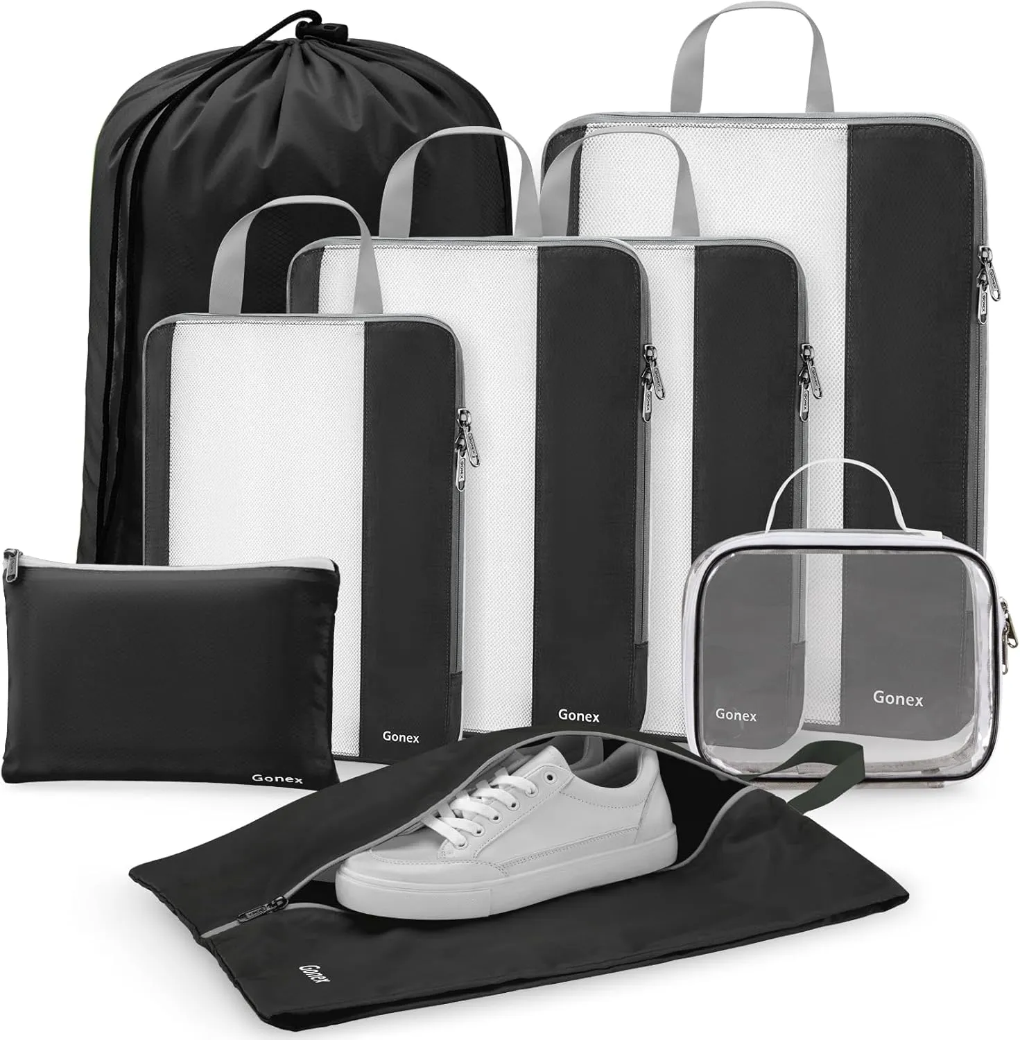 Gonex Expandable Mesh Packing Cubes - 8 Set Compression Organizer for Travel Essentials with Toiletry, Laundry, Shoe & Cable Bags - Black