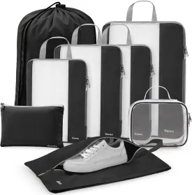 Gonex Expandable Mesh Packing Cubes - 8 Set Compression Organizer for Travel Essentials with Toiletry, Laundry, Shoe & Cable Bags - Black