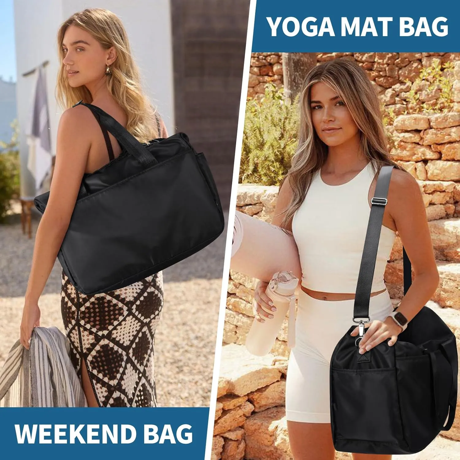 Gym Bag for Women, Carry on Weekender Travel Duffle Bag with Wet Pocket - Black