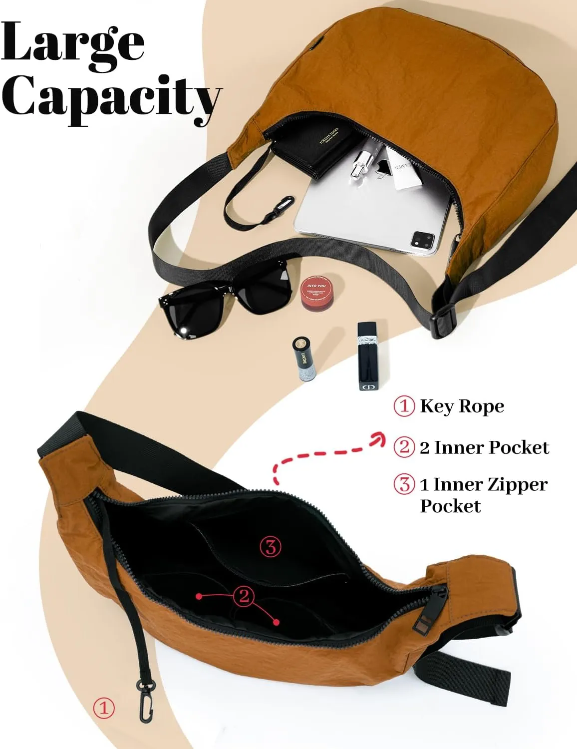Iioscre Medium Crossbody Crescent Bag for Women Men Trendy, Nylon Crossbody Hobo Bag with Adjustable Strap and Inner Pockets.