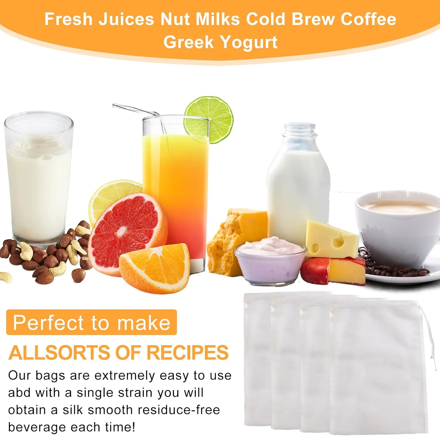 Kimmama 4 Pack Nut Milk Bag, Food Grade Nylon Strainer, 7.9 x 11.8 inch Cheese Cloth Bag for Straining Fruit Juice, Tofu, Almond, Coffee, Yogurt and Soup