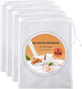 Kimmama 4 Pack Nut Milk Bag, Food Grade Nylon Strainer, 7.9 x 11.8 inch Cheese Cloth Bag for Straining Fruit Juice, Tofu, Almond, Coffee, Yogurt and Soup
