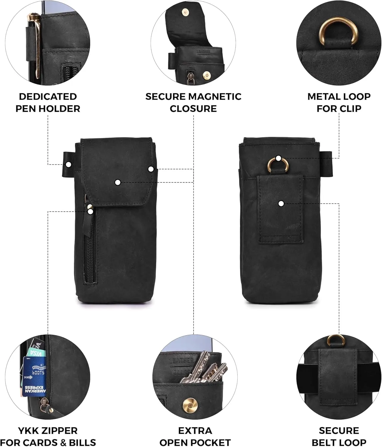 Leather Village Genuine Leather 7x3.5 Phone Holster Pouch with Belt Clip, Magnetic Closure, ID Card Holder - Black Universal Case for iPhone, Samsung Galaxy, Google Pixel
