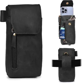 Leather Village Genuine Leather 7x3.5 Phone Holster Pouch with Belt Clip, Magnetic Closure, ID Card Holder - Black Universal Case for iPhone, Samsung Galaxy, Google Pixel