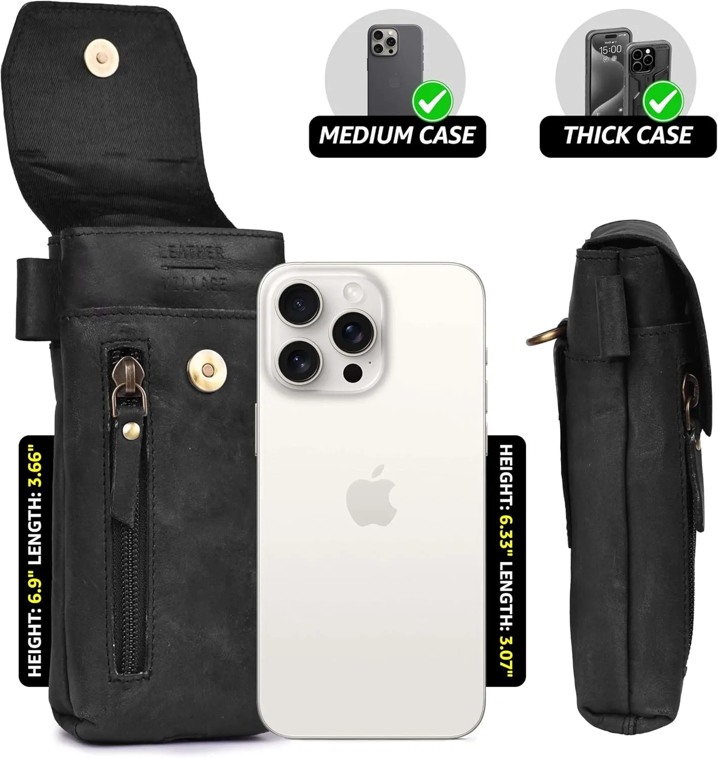 Leather Village Genuine Leather 7x3.5 Phone Holster Pouch with Belt Clip, Magnetic Closure, ID Card Holder - Black Universal Case for iPhone, Samsung Galaxy, Google Pixel