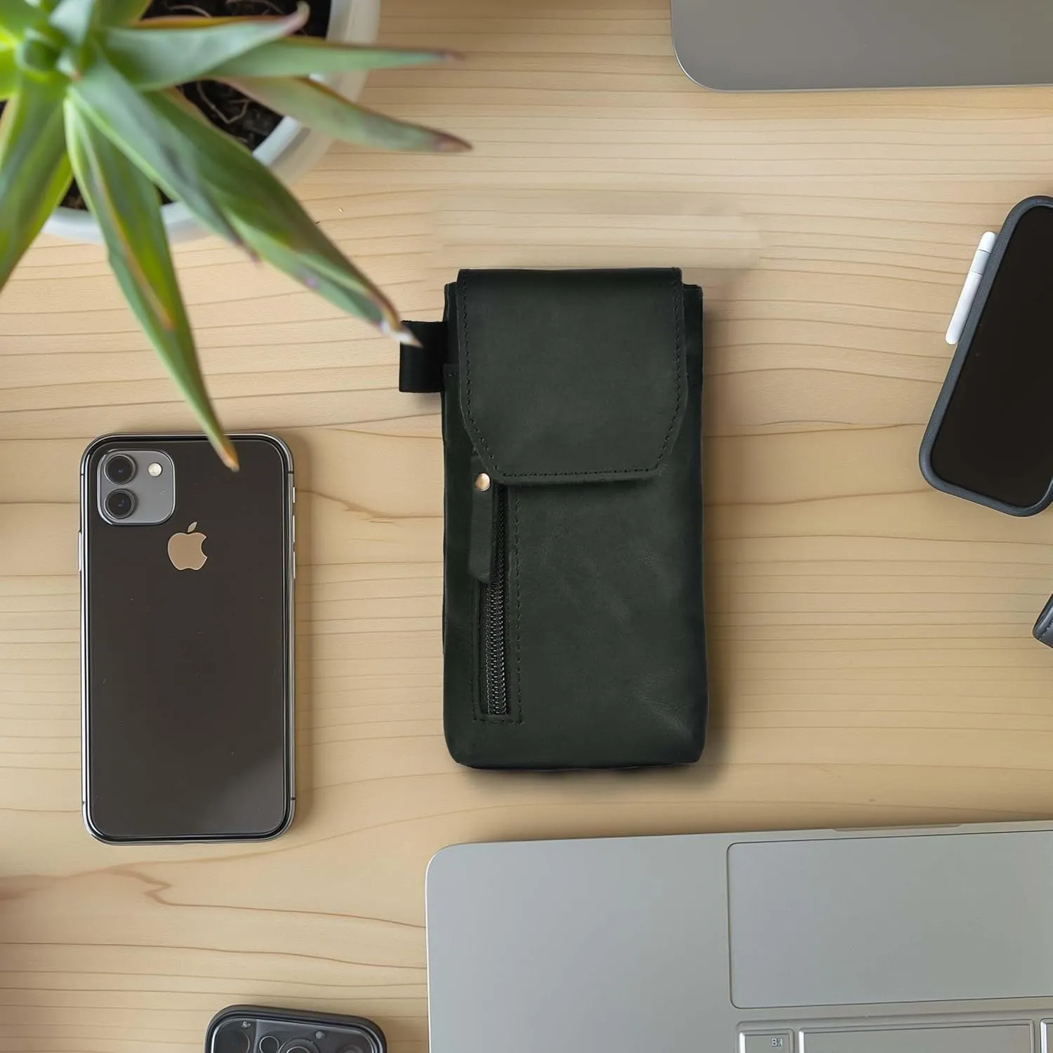Leather Village Genuine Leather 7x3.5 Phone Holster Pouch with Belt Clip, Magnetic Closure, ID Card Holder - Black Universal Case for iPhone, Samsung Galaxy, Google Pixel