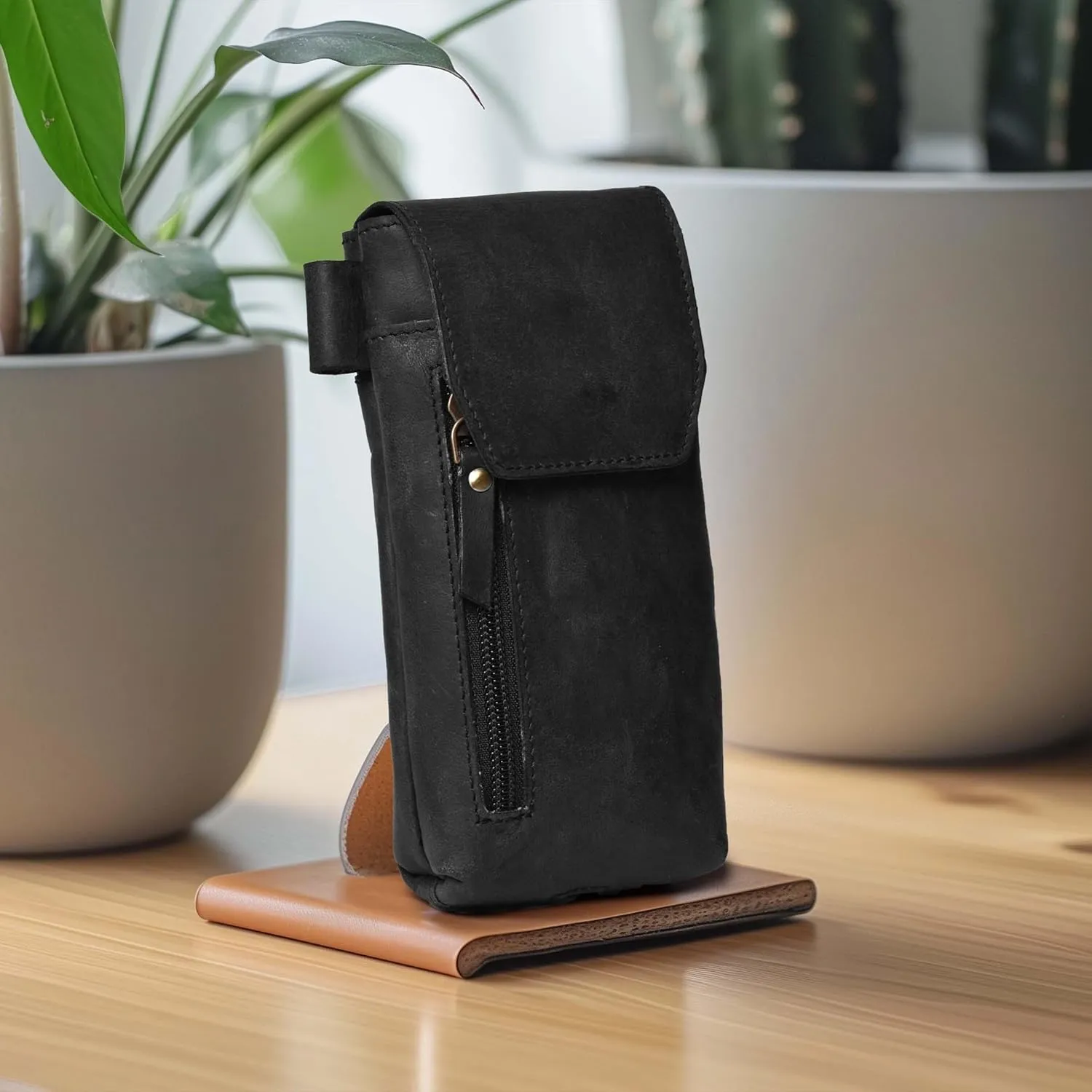 Leather Village Genuine Leather 7x3.5 Phone Holster Pouch with Belt Clip, Magnetic Closure, ID Card Holder - Black Universal Case for iPhone, Samsung Galaxy, Google Pixel