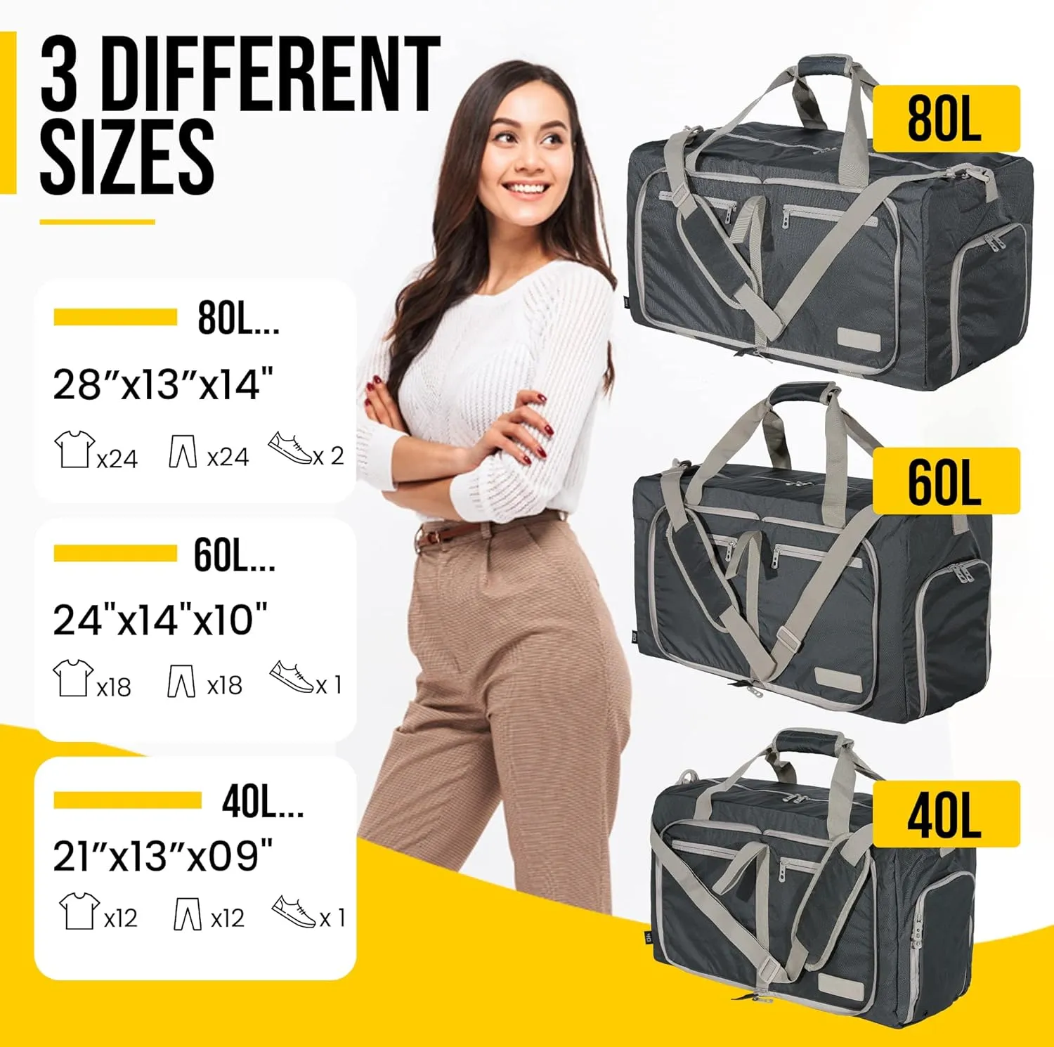 LEGEND 40L Foldable Duffle Bag for Travel - Packable Duffle Bags w/Shoe Compartment - Tear Resistant Collapsible Duffel Bags for Traveling - Lightweight Folding Duffel Bag for Men & Women -Dark Gray