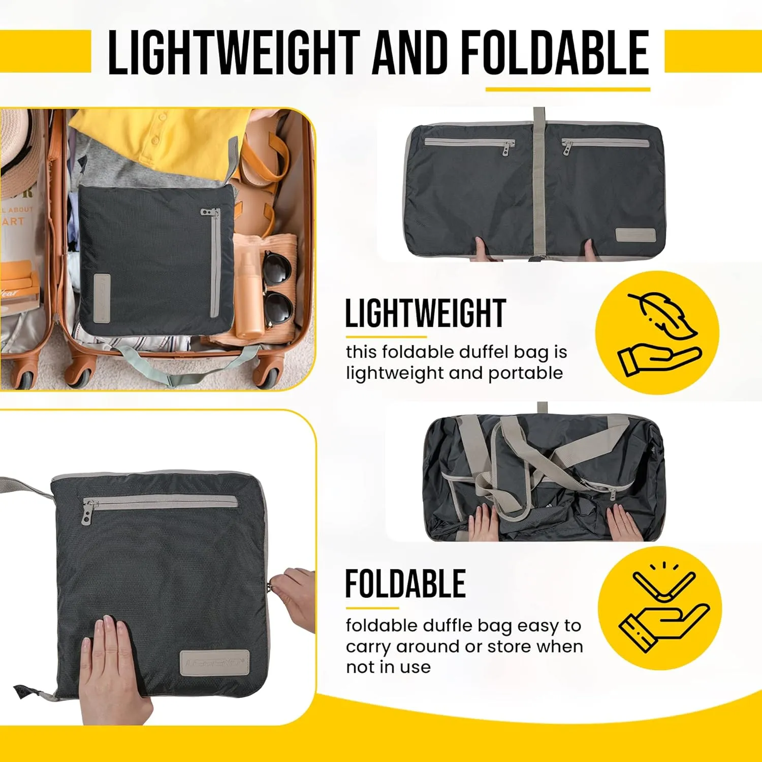 LEGEND 40L Foldable Duffle Bag for Travel - Packable Duffle Bags w/Shoe Compartment - Tear Resistant Collapsible Duffel Bags for Traveling - Lightweight Folding Duffel Bag for Men & Women -Dark Gray