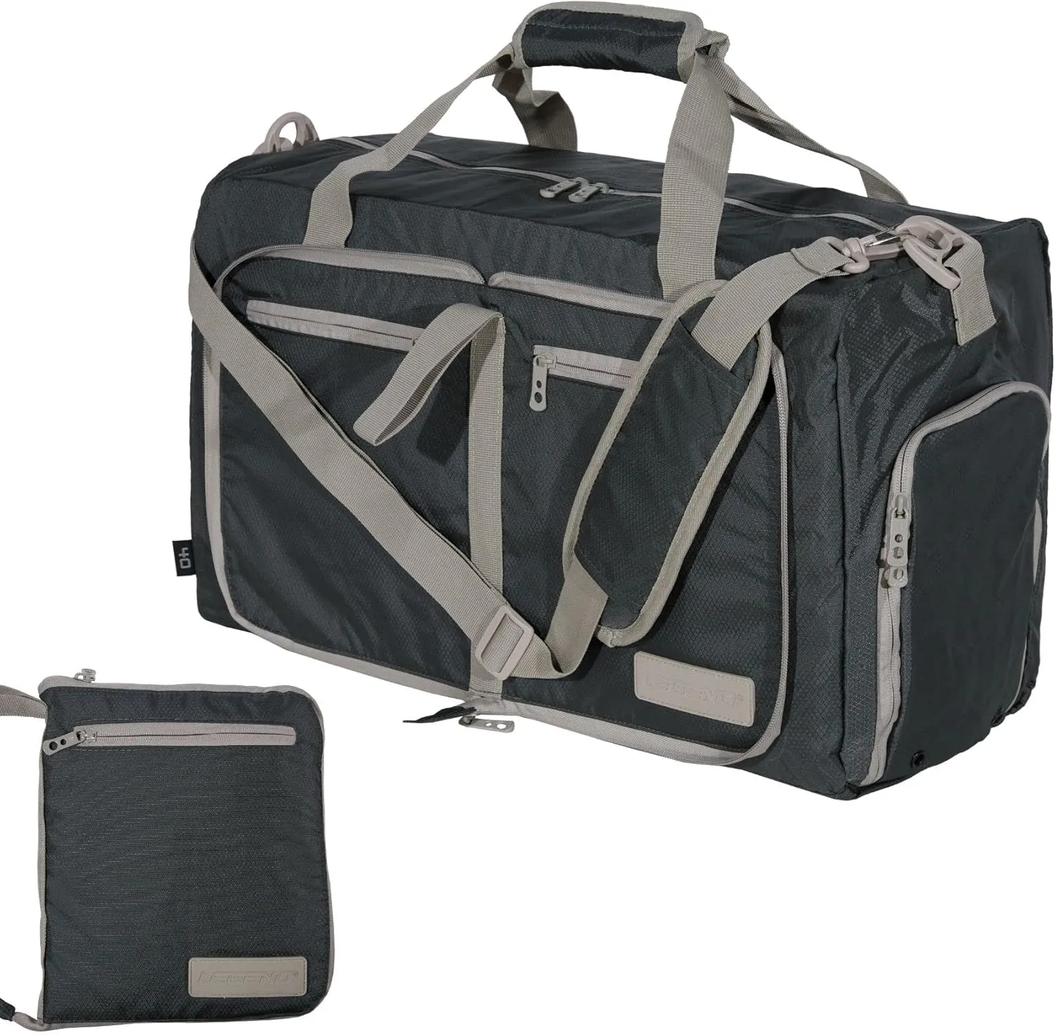 LEGEND 40L Foldable Duffle Bag for Travel - Packable Duffle Bags w/Shoe Compartment - Tear Resistant Collapsible Duffel Bags for Traveling - Lightweight Folding Duffel Bag for Men & Women -Dark Gray