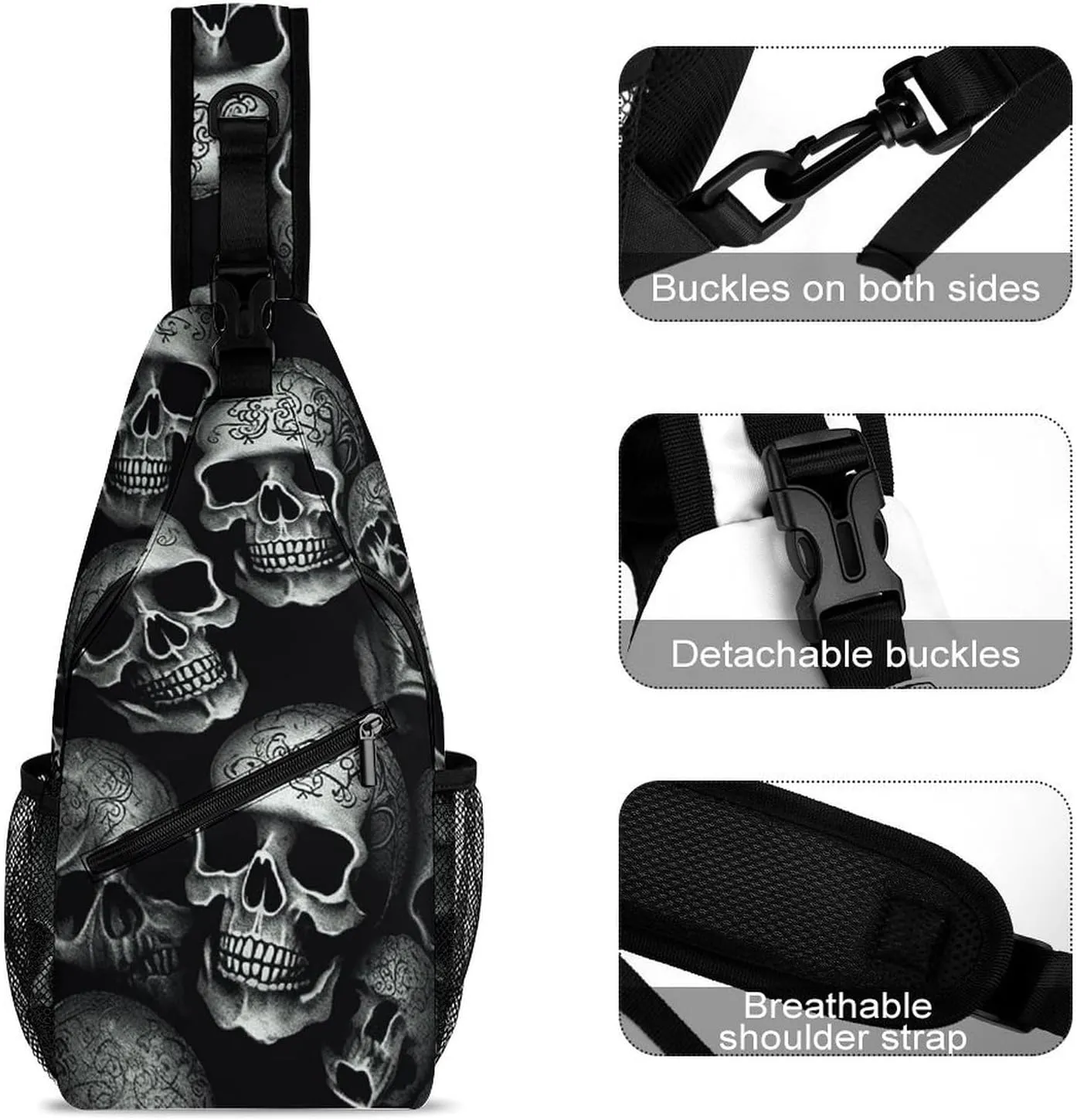 Lightweight Chest Bag Crossbody Bag Black Skull Sling Backpack for Women Men Sports Travel