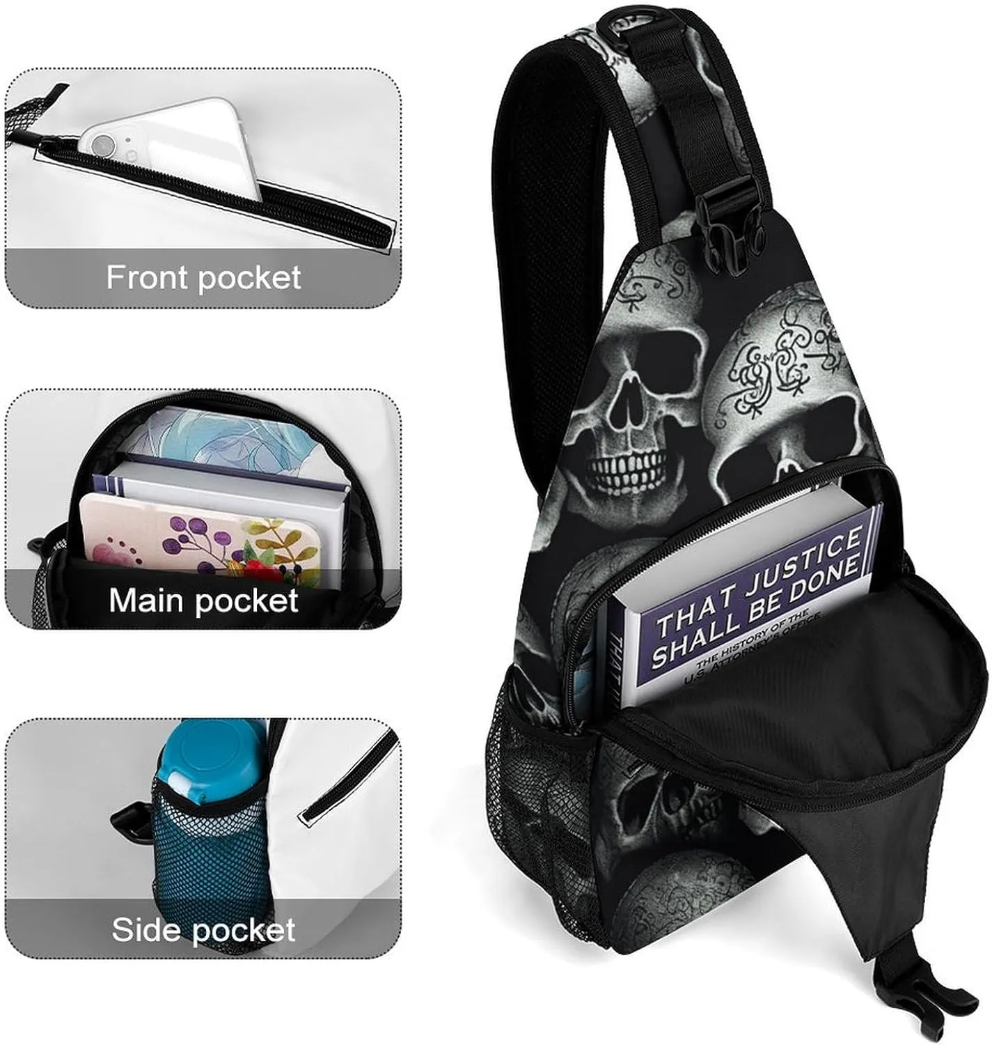 Lightweight Chest Bag Crossbody Bag Black Skull Sling Backpack for Women Men Sports Travel