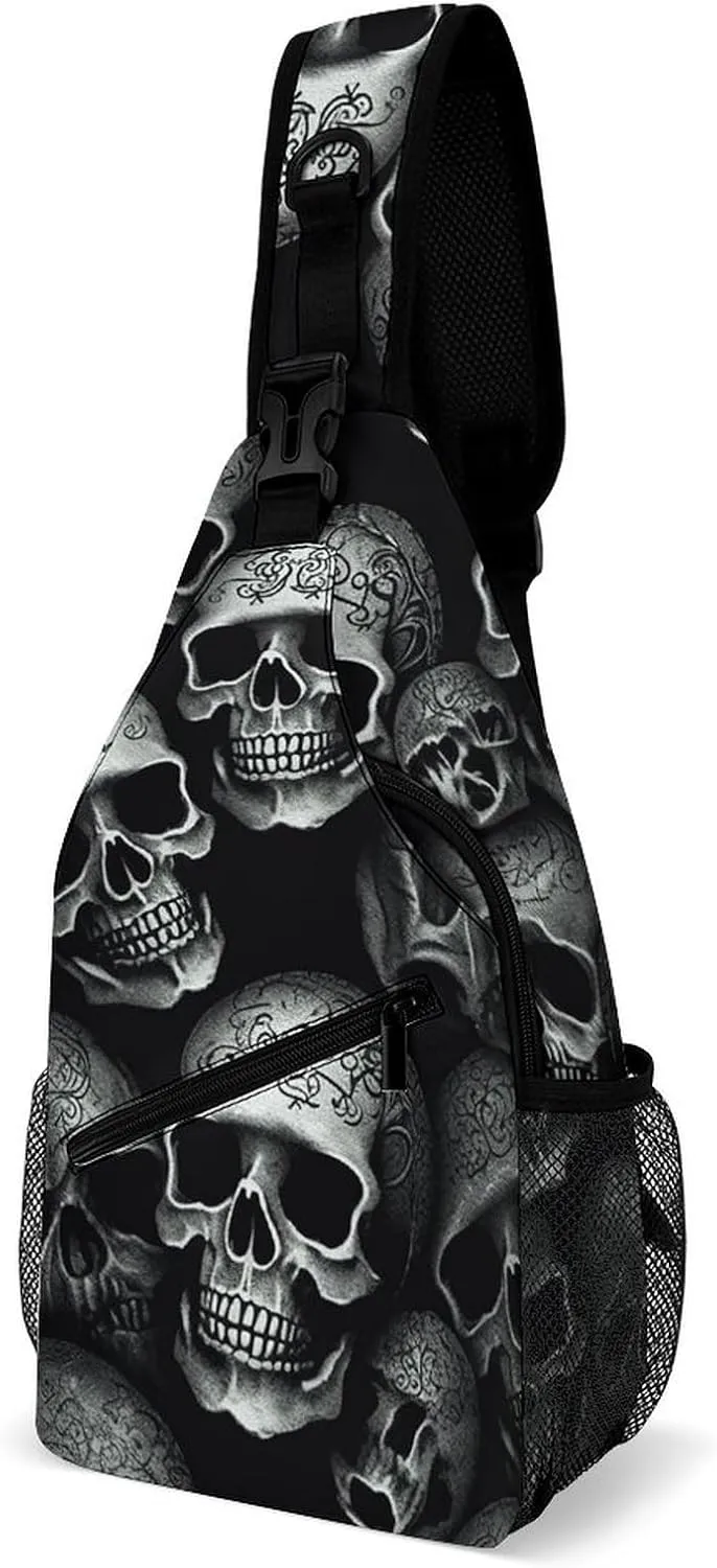 Lightweight Chest Bag Crossbody Bag Black Skull Sling Backpack for Women Men Sports Travel